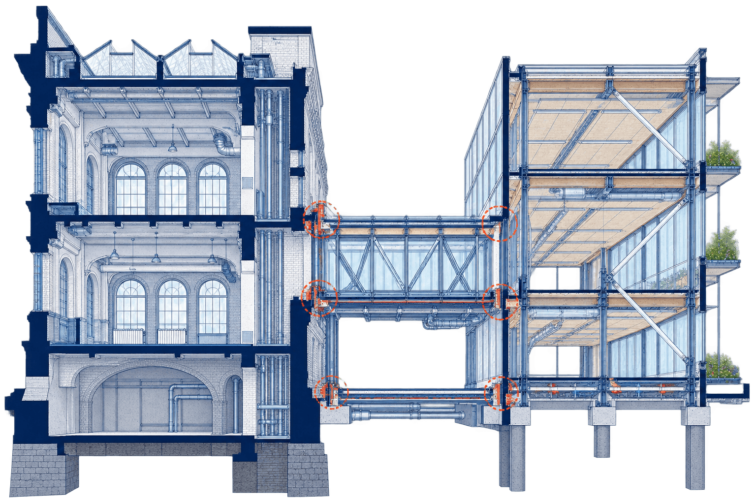 Architectural section showing an established structure joined selectively to a modular new structure