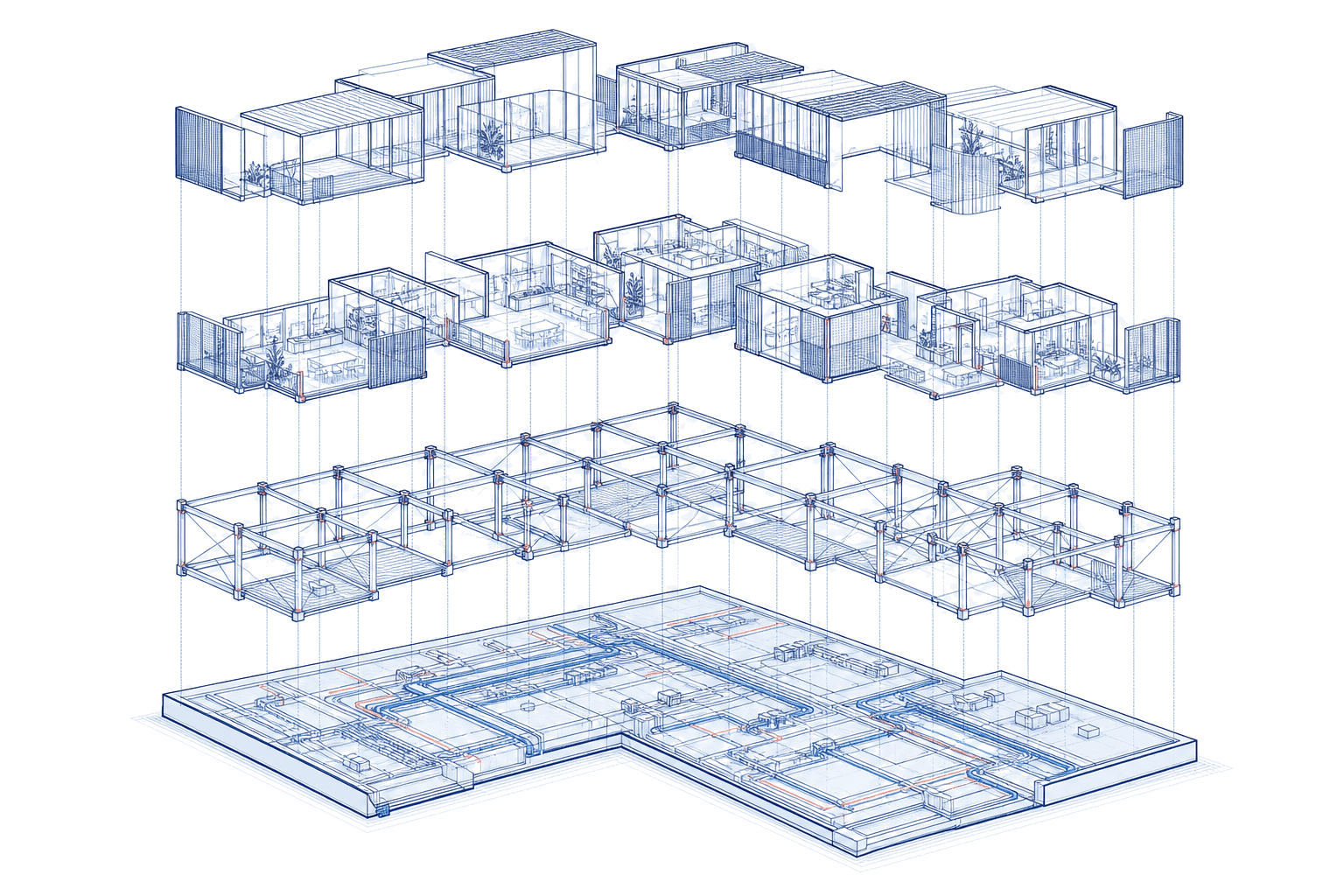 Icarus architecture represented as four exploded building layers