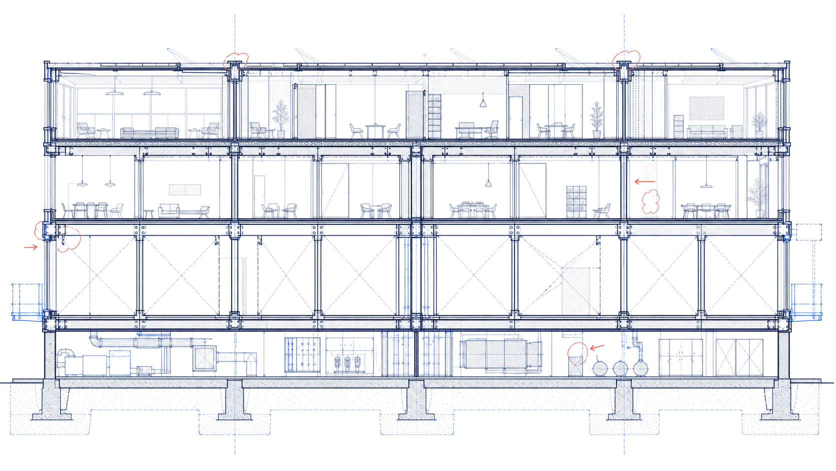 Architectural section representing Icarus as a modular multi-company ERP