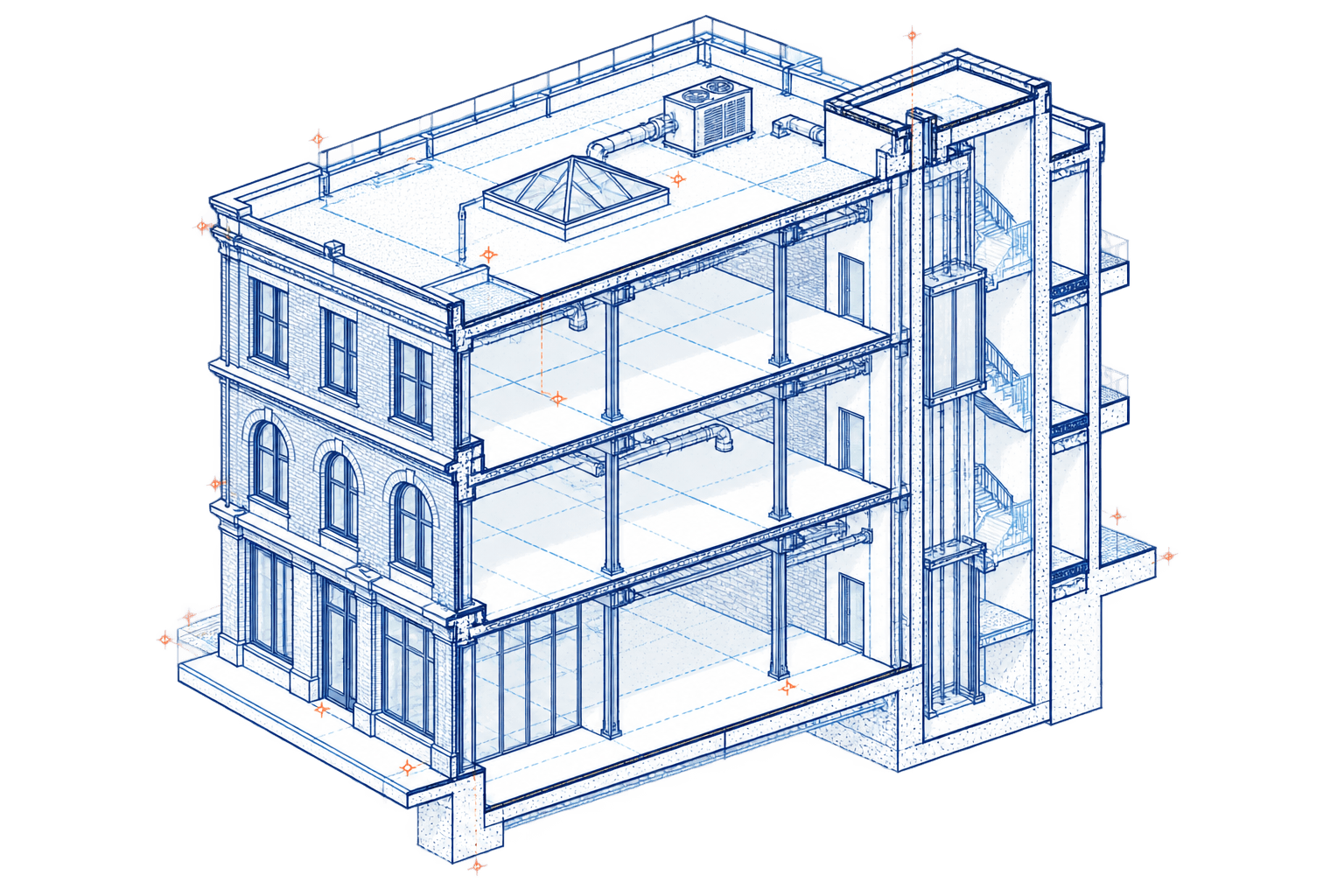 Architectural survey drawing of an existing structure under inspection