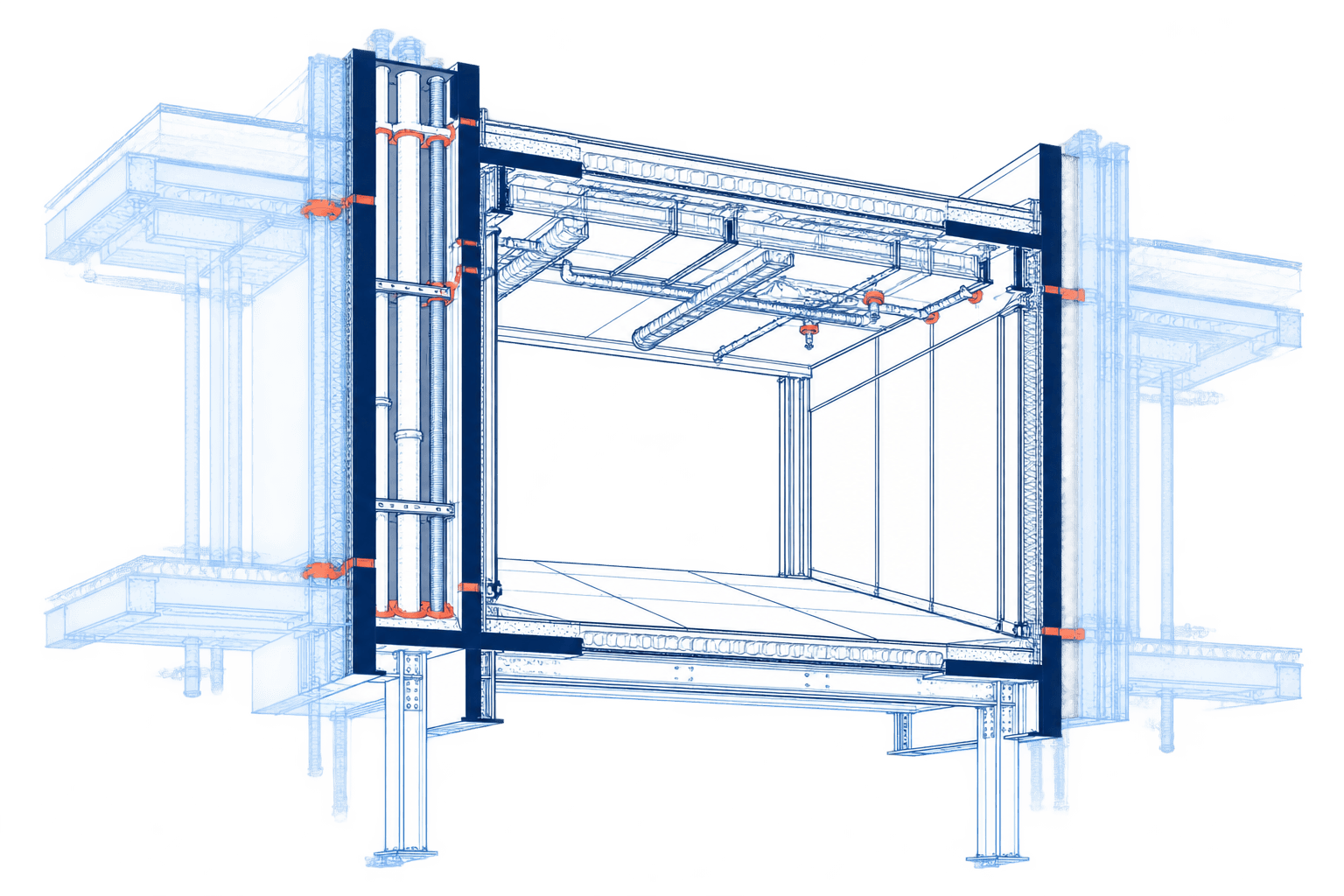 Architectural cutaway isolating structural bays and service boundaries