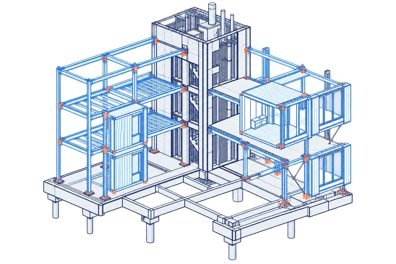 Architectural assembly drawing with distinct structural components assigned clear positions